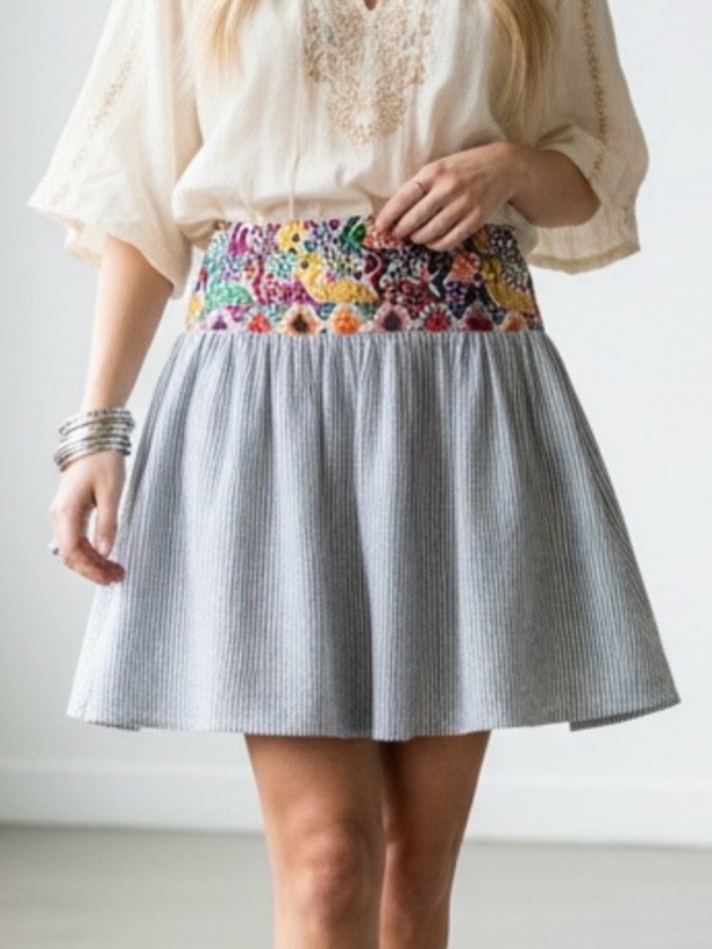 Embroidered Waist Striped Cotton Skirt - Multicolor Waistband, Blue Stripes